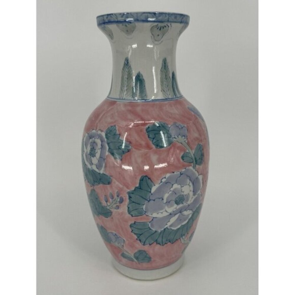 Vintage 80s Chinoiserie Pink Floral Vase Hand Painted‎ Chinese Porcelain 12"